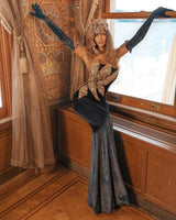 Vintage Strapless 3D Crystal Pattern Velvet Mermaid Wedding Party Gown-showprettydress