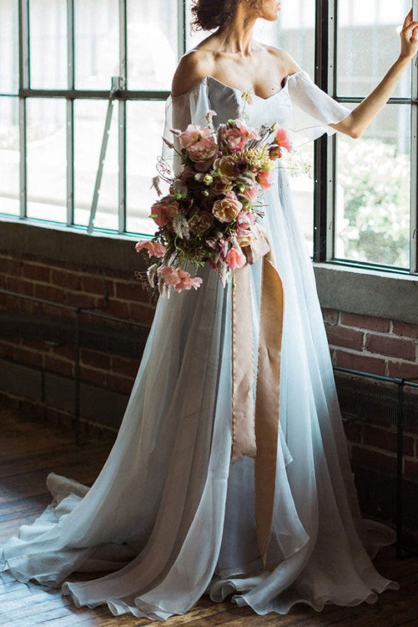 Wedding Dress A-line Off The Shoulder Sleeveless Pleated Court Train Chiffon Boho Bridal Gowns-showprettydress