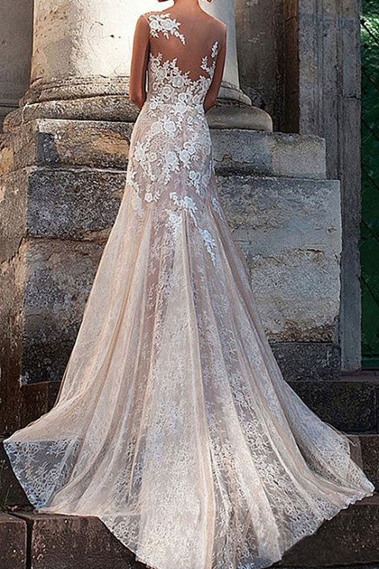 Wedding Dress Column Chic V-Neck Sleeveless Long Lace Tulle Sexy Backless Bridal Gown With Train-Showprettydress