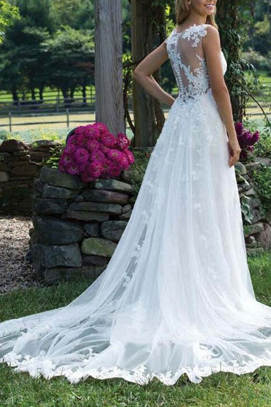 Wedding Dress Lace Chic V-Neck Sleeveless Column Long Bridal Gown With Court Train-Showprettydress