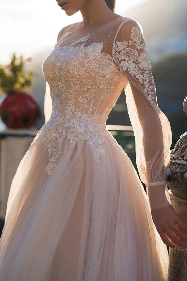 Wedding Dresses A-line Illusion Neck Long Sleeve Long Tulle Pleated Bridal Dress With Train-Showprettydress