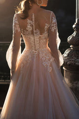Wedding Dresses A-line Illusion Neck Long Sleeve Long Tulle Pleated Bridal Dress With Train-Showprettydress