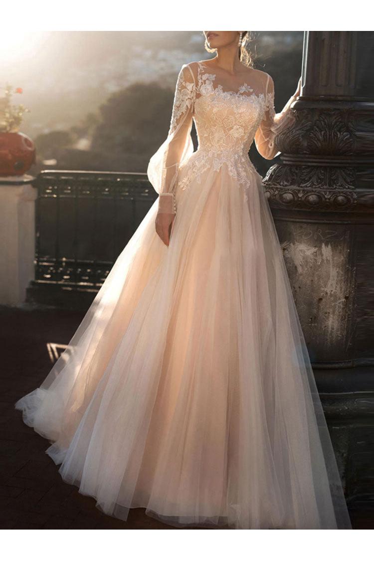 Wedding Dresses A-line Illusion Neck Long Sleeve Long Tulle Pleated Bridal Dress With Train-Showprettydress