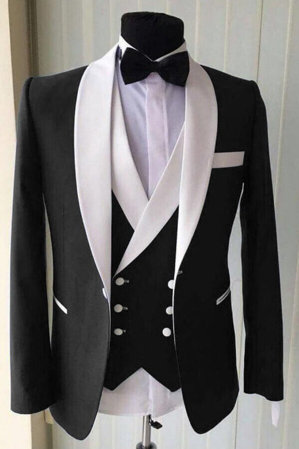 Wedding Groom White Lapel Shawl Lapel Well-cut Three-piece Black Men Suit for Formal-showprettydress