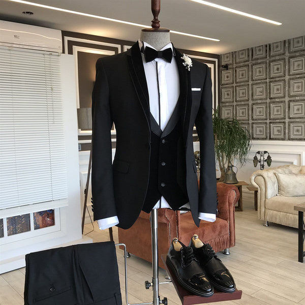 Well-cut 3-pieces Black Shawl Lapel Slim Fit wedding tuxedos For Grooms-showprettydress