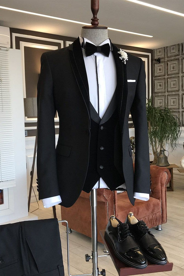 Well-cut 3-pieces Black Shawl Lapel Slim Fit wedding tuxedos For Grooms-showprettydress