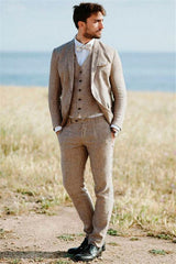 Well-cut Khaki Linen Summer Beach Mens Suits Groom Wedding Tuxedos with Three-pieces-showprettydress