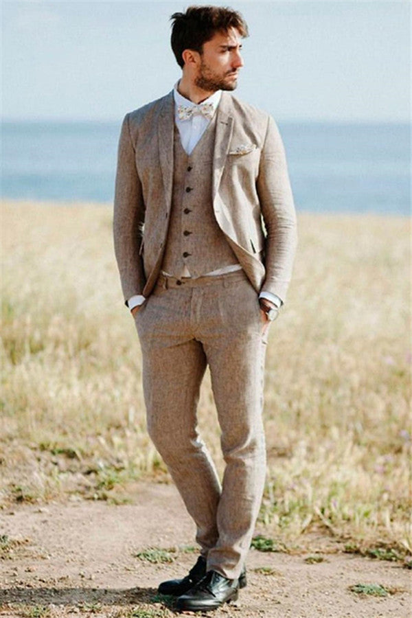 Well-cut Khaki Linen Summer Beach Mens Suits Groom Wedding Tuxedos with Three-pieces-showprettydress
