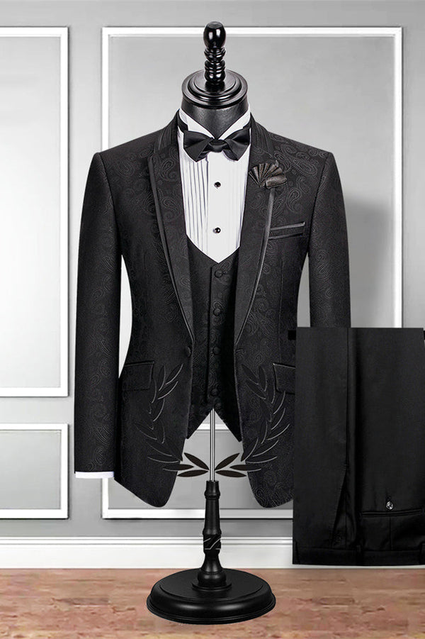 Well-cut Notch Lapel Black Groom Suit Slim Fit Jacquard Wedding Tuxedo-showprettydress