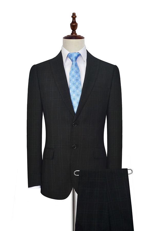 Well-cut Peak Lapel Plaid Two Button Black Mens Suits for Business-showprettydress