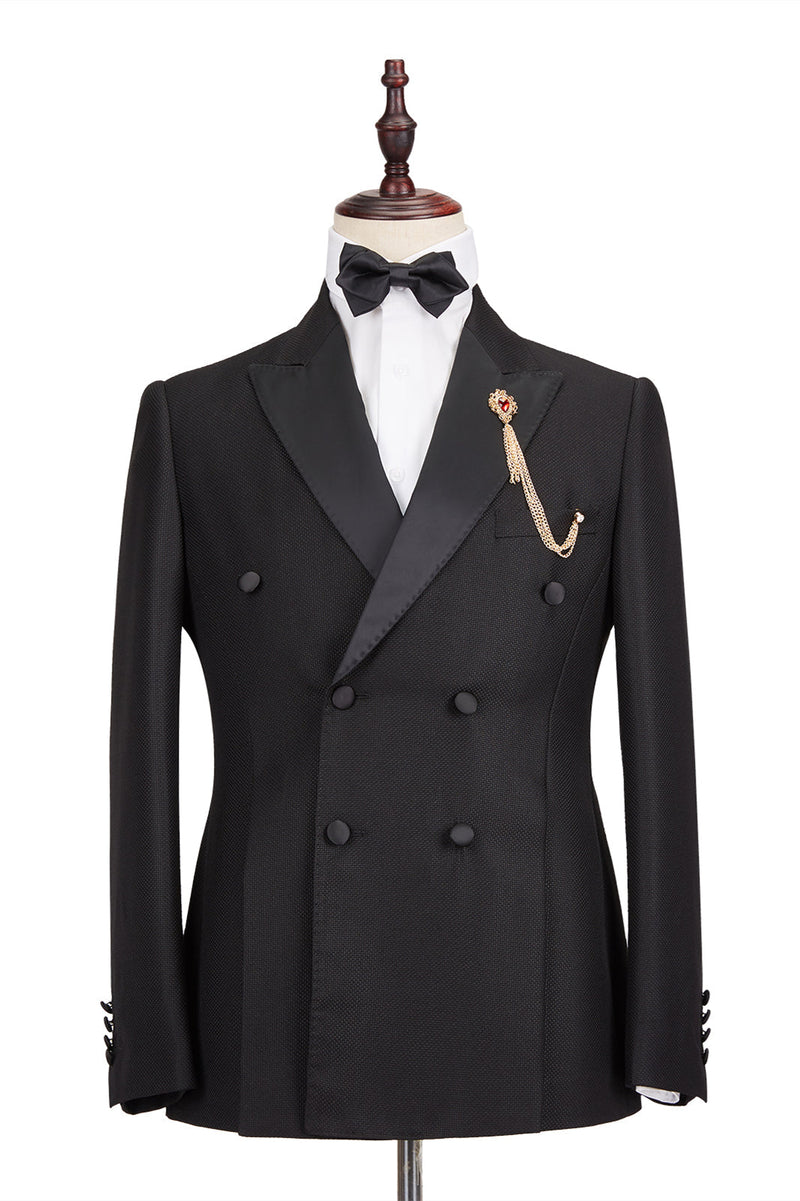 Well-cut Satin Peak Lapel Double Breasted Black Men Wedding Suit Groom Tuxedos-showprettydress