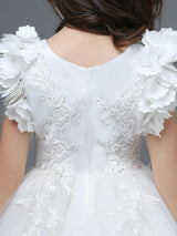 White A-Line Zipper V-Neck Sleeveless Tulle Flowers Kids Party Dresses-showprettydress