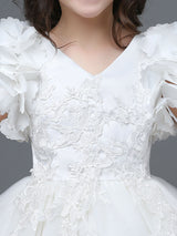 White A-Line Zipper V-Neck Sleeveless Tulle Flowers Kids Party Dresses-showprettydress