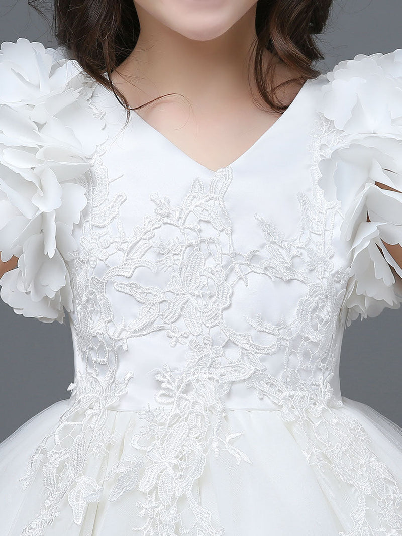 White A-Line Zipper V-Neck Sleeveless Tulle Flowers Kids Party Dresses-showprettydress