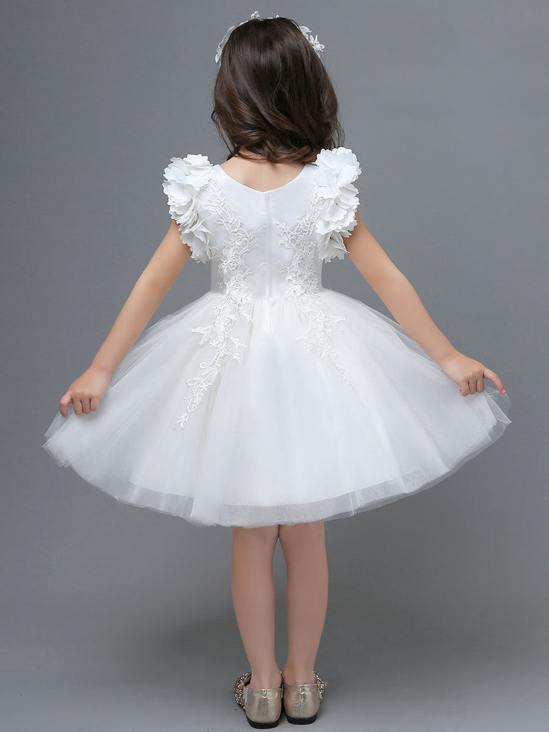 White A-Line Zipper V-Neck Sleeveless Tulle Flowers Kids Party Dresses-showprettydress