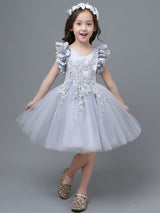 White A-Line Zipper V-Neck Sleeveless Tulle Flowers Kids Party Dresses-showprettydress