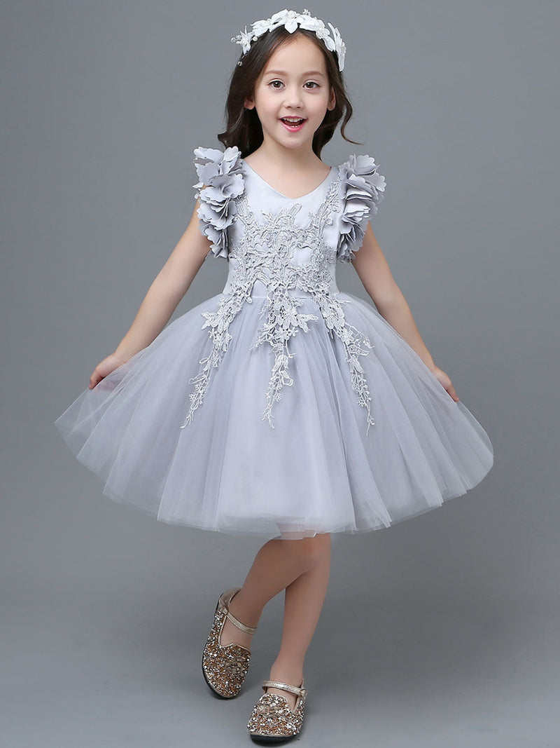 White A-Line Zipper V-Neck Sleeveless Tulle Flowers Kids Party Dresses-showprettydress