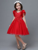 White A-Line Zipper V-Neck Sleeveless Tulle Flowers Kids Party Dresses-showprettydress