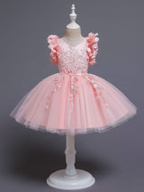 White A-Line Zipper V-Neck Sleeveless Tulle Flowers Kids Party Dresses-showprettydress