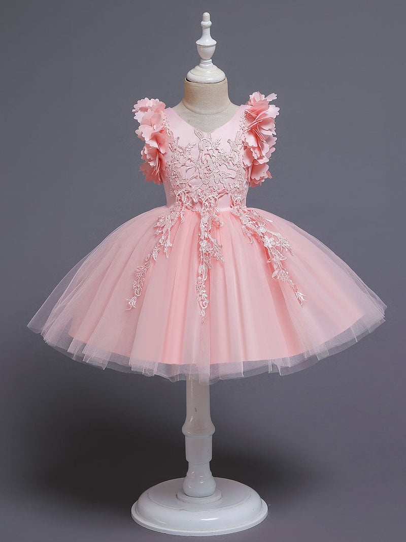 White A-Line Zipper V-Neck Sleeveless Tulle Flowers Kids Party Dresses-showprettydress