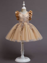 White A-Line Zipper V-Neck Sleeveless Tulle Flowers Kids Party Dresses-showprettydress