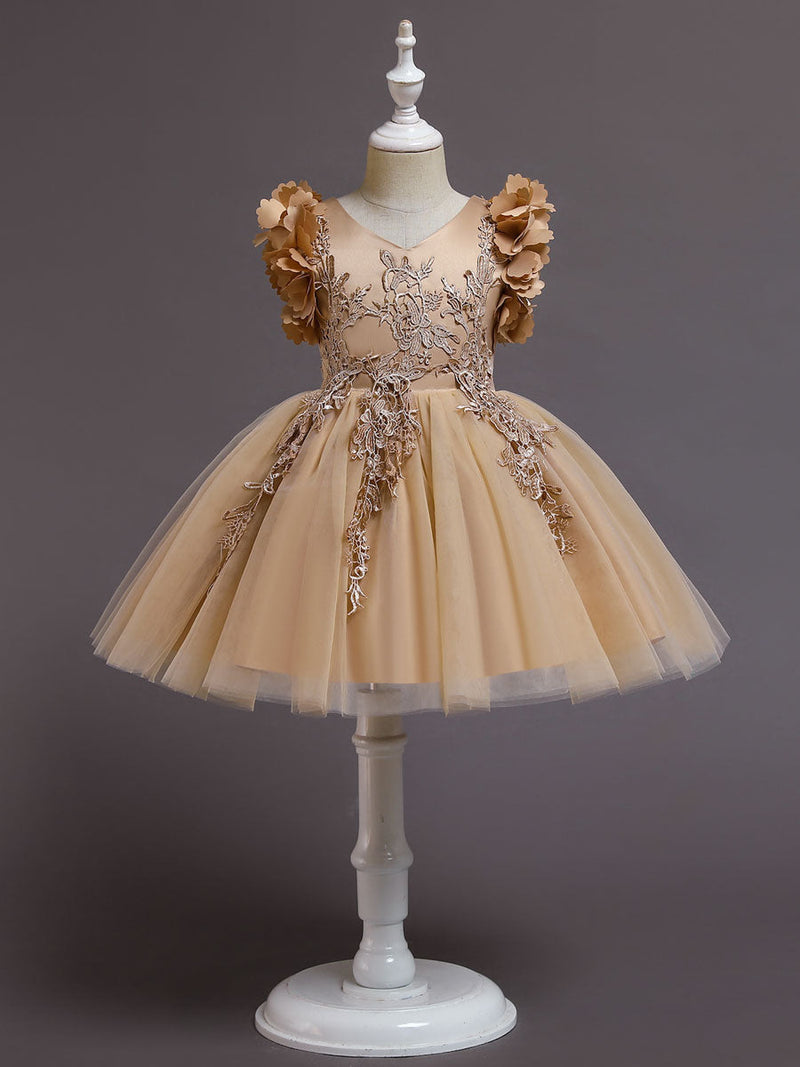 White A-Line Zipper V-Neck Sleeveless Tulle Flowers Kids Party Dresses-showprettydress