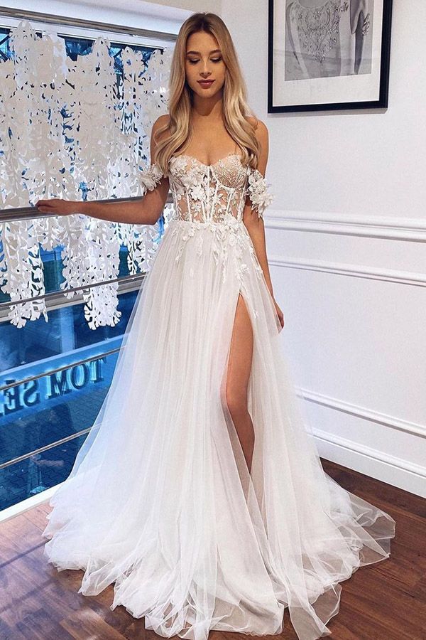 White Boho Long A Line Lace Off The Shoulder Wedding Dress with Slit-showprettydress