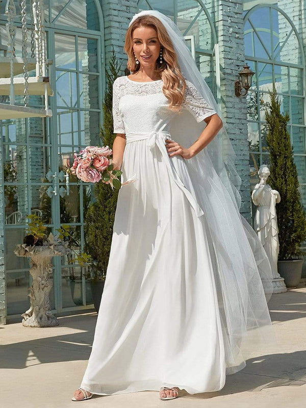 White Casual Wedding Dress Chiffon Jewel Neck Short Sleeves Sash A-Line Long Bridal Gowns-showprettydress