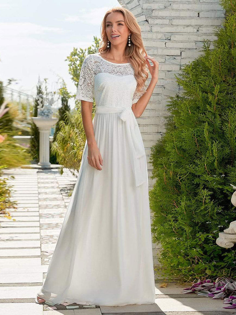 White Casual Wedding Dress Chiffon Jewel Neck Short Sleeves Sash A-Line Long Bridal Gowns-showprettydress