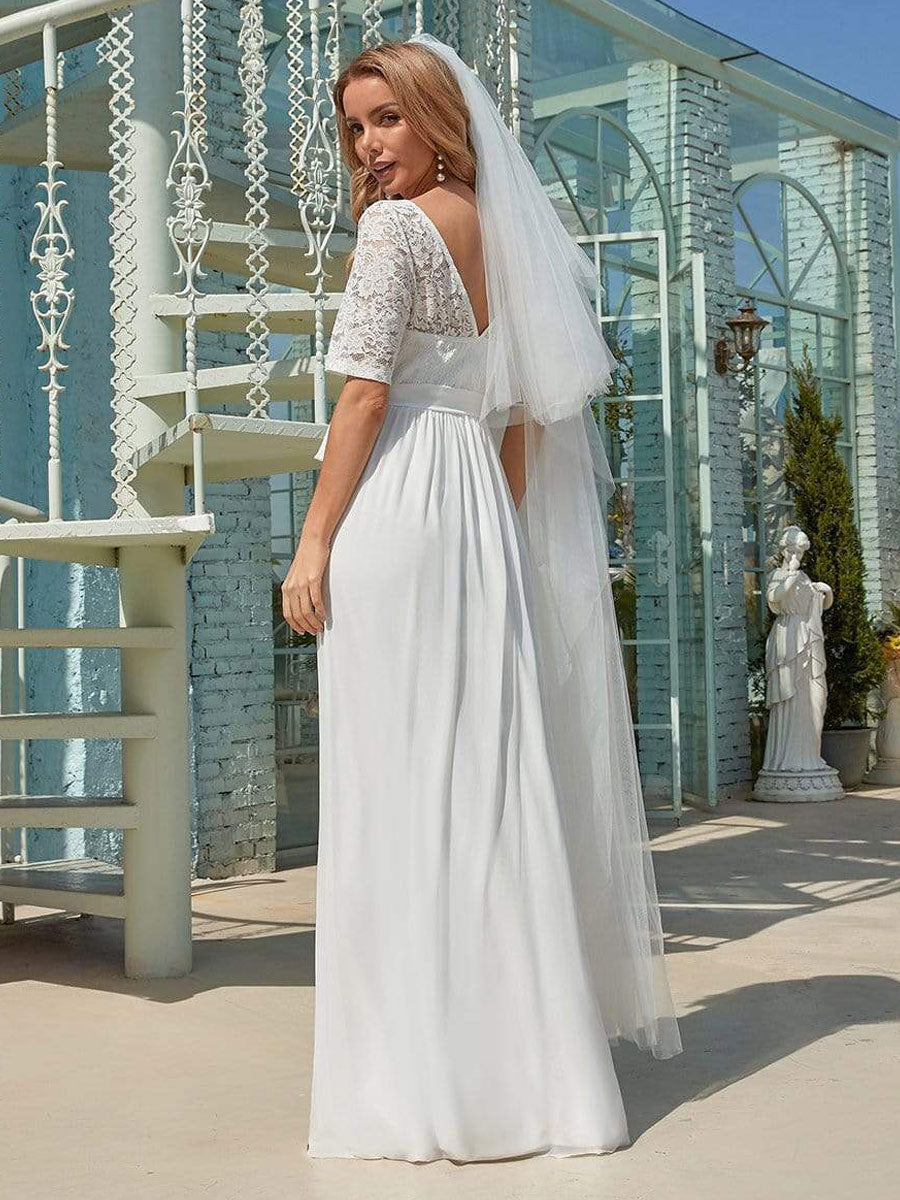 White Casual Wedding Dress Chiffon Jewel Neck Short Sleeves Sash A-Line Long Bridal Gowns-showprettydress