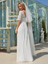 White Casual Wedding Dress Chiffon Jewel Neck Short Sleeves Sash A-Line Long Bridal Gowns-showprettydress