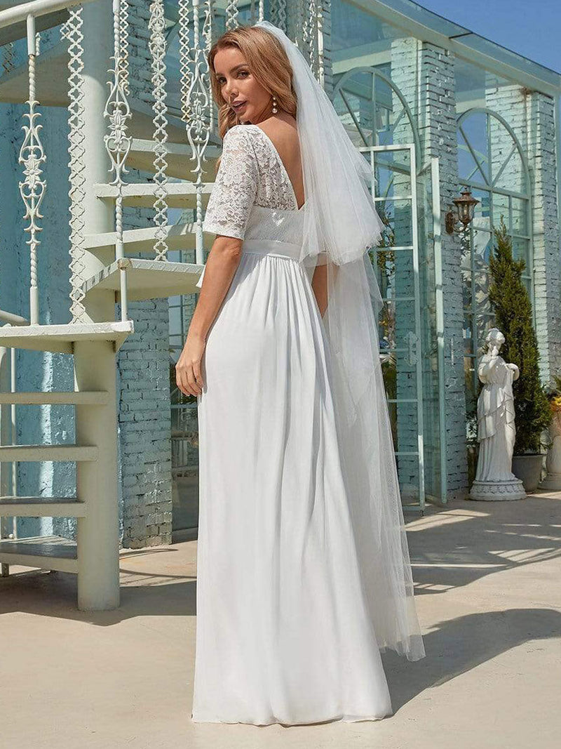 White Casual Wedding Dress Chiffon Jewel Neck Short Sleeves Sash A-Line Long Bridal Gowns-showprettydress