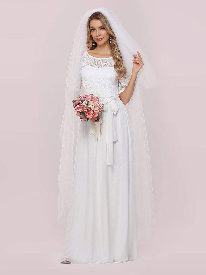 White Casual Wedding Dress Chiffon Jewel Neck Short Sleeves Sash A-Line Long Bridal Gowns-showprettydress