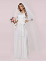 White Casual Wedding Dress Chiffon Jewel Neck Short Sleeves Sash A-Line Long Bridal Gowns-showprettydress