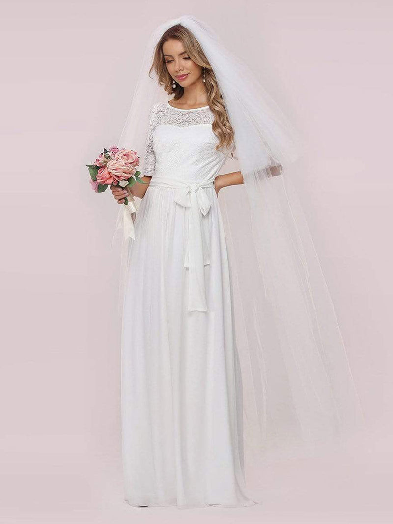 White Casual Wedding Dress Chiffon Jewel Neck Short Sleeves Sash A-Line Long Bridal Gowns-showprettydress