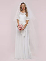 White Casual Wedding Dress Chiffon Jewel Neck Short Sleeves Sash A-Line Long Bridal Gowns-showprettydress