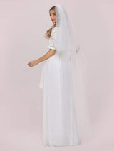 White Casual Wedding Dress Chiffon Jewel Neck Short Sleeves Sash A-Line Long Bridal Gowns-showprettydress