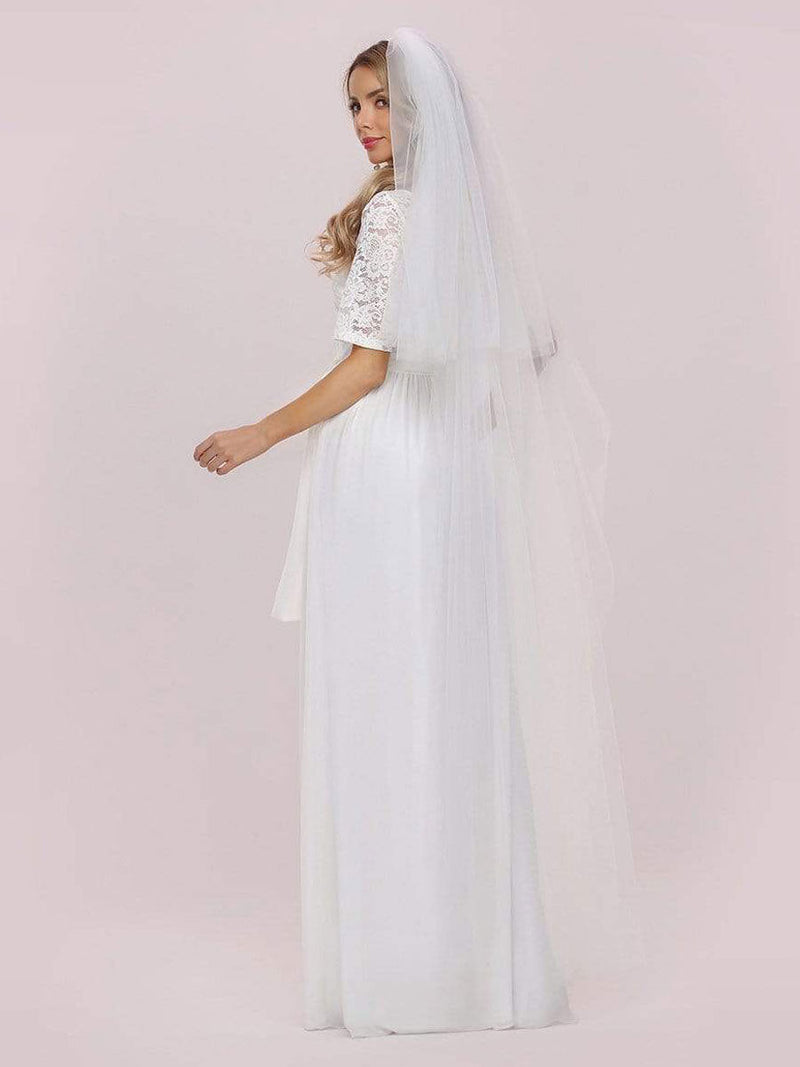 White Casual Wedding Dress Chiffon Jewel Neck Short Sleeves Sash A-Line Long Bridal Gowns-showprettydress