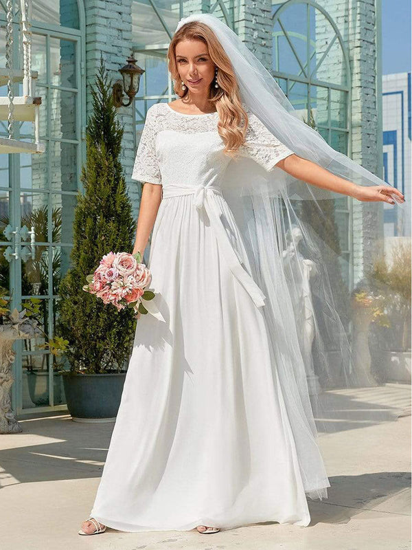 White Casual Wedding Dress Chiffon Jewel Neck Short Sleeves Sash A-Line Long Bridal Gowns-showprettydress