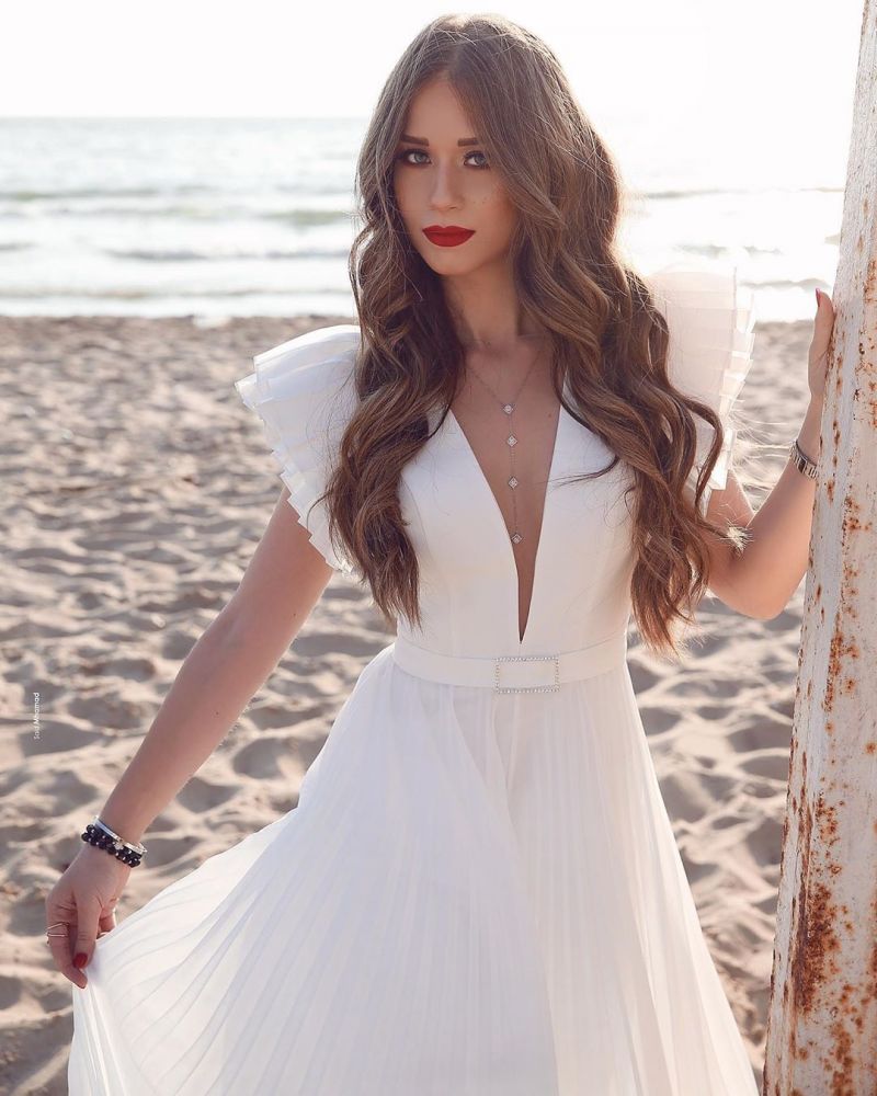 White Chiffon Ruffless Sleeves V neck Summer Beach Wedding Dress-showprettydress