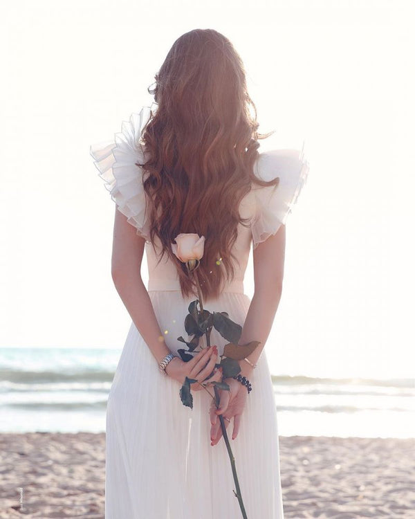 White Chiffon Ruffless Sleeves V neck Summer Beach Wedding Dress-showprettydress
