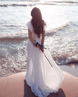White Chiffon Ruffless Sleeves V neck Summer Beach Wedding Dress-showprettydress