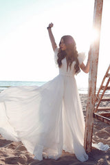White Chiffon Ruffless Sleeves V neck Summer Beach Wedding Dress-showprettydress