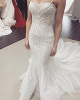 White Illusion neck White Sleeveless Mermaid Wedding Dress with Overskirt-showprettydress