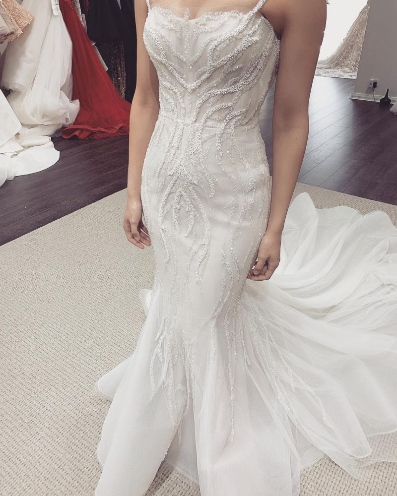 White Illusion neck White Sleeveless Mermaid Wedding Dress with Overskirt-showprettydress