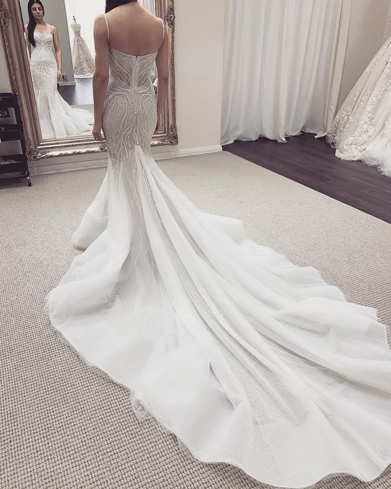 White Illusion neck White Sleeveless Mermaid Wedding Dress with Overskirt-showprettydress