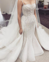 White Illusion neck White Sleeveless Mermaid Wedding Dress with Overskirt-showprettydress