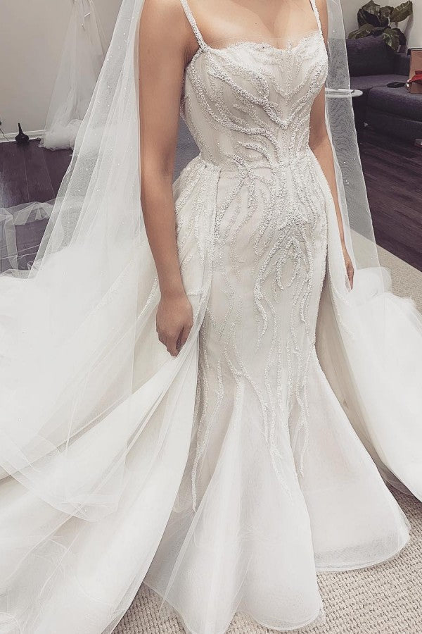 White Illusion neck White Sleeveless Mermaid Wedding Dress with Overskirt-showprettydress