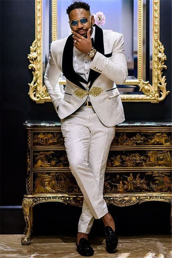 White Jacquard Black Three Piece Lapel Wedding Groom Men Suit-showprettydress