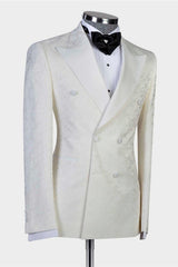 White Jacquard Double Breasted Peaked Lapel Wedding Suit for Men-showprettydress